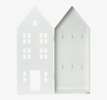 Bild av stilrent vitt nyckelskåp i husform med krokar