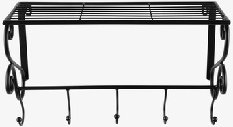 Bild på stilren svart vägghylla med krokar och detaljer