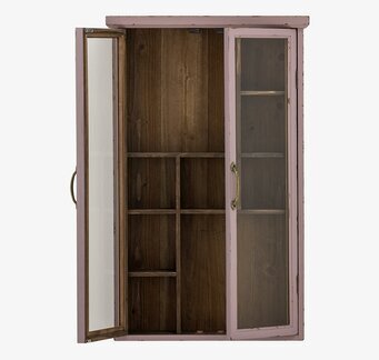 Bild av rosa väggskåp med glasdörrar och metallhandtag
