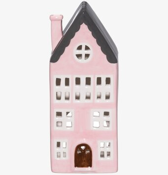 Bild av dekorativ ljuslykta i form av ett rosa hus