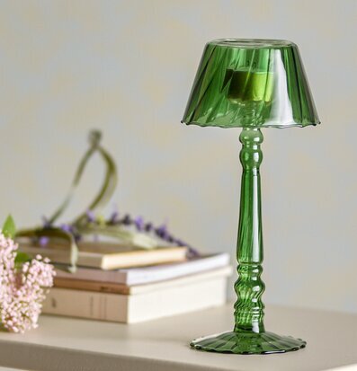 Bild av elegant grön ljusstake med böcker och växter