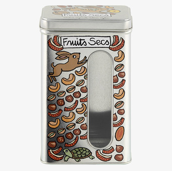 Bild av rektangulär plåtburk med fruktmotiv och djur