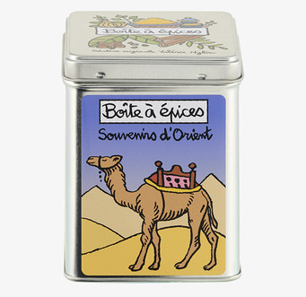 Bild av kvadratisk plåtburk med orientaliskt motiv