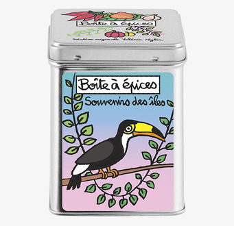 Bild av färgglad plåtburk med tropisk design och tukan