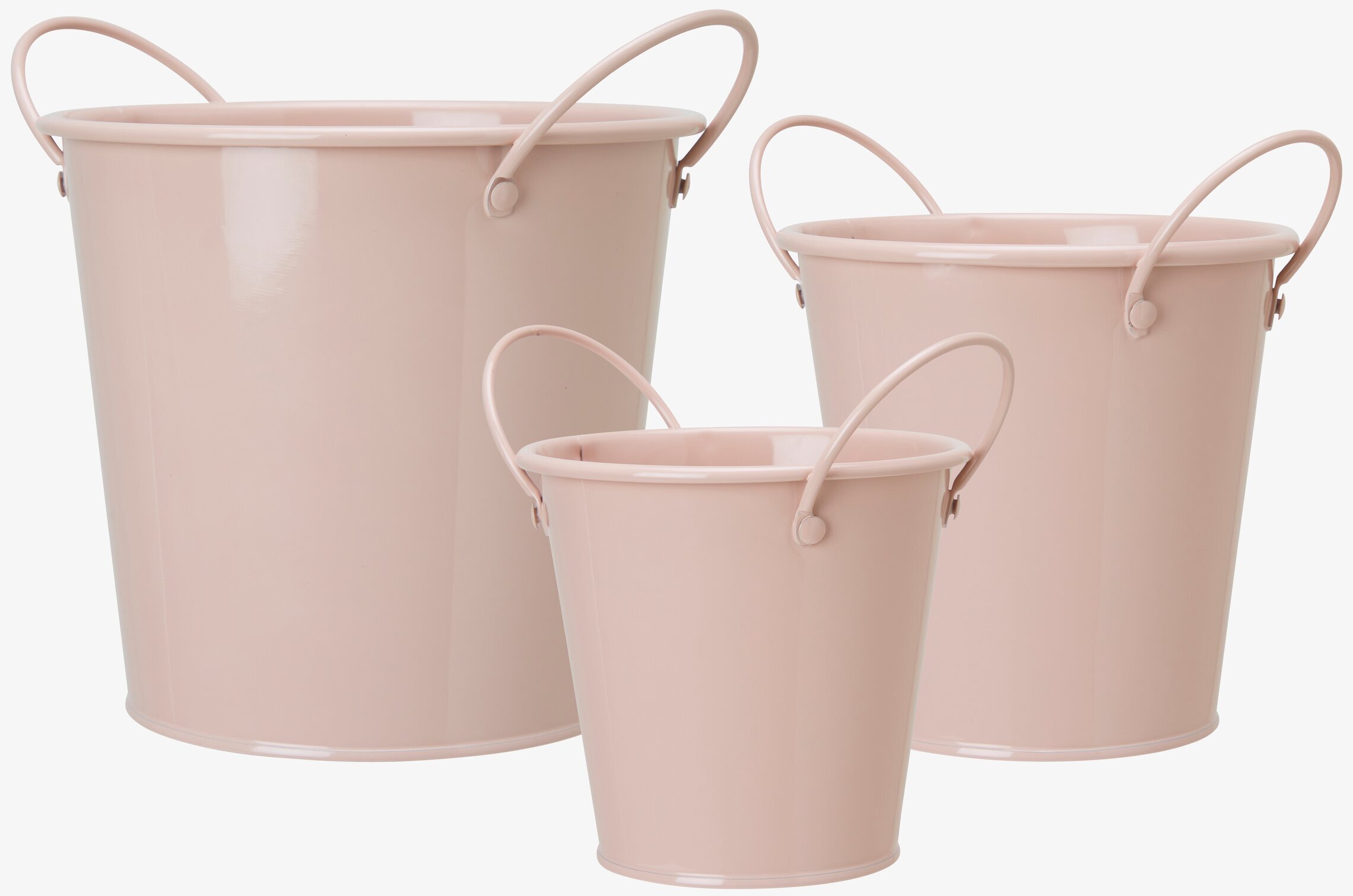 Bild av tre rosa krukor i olika storlekar och design