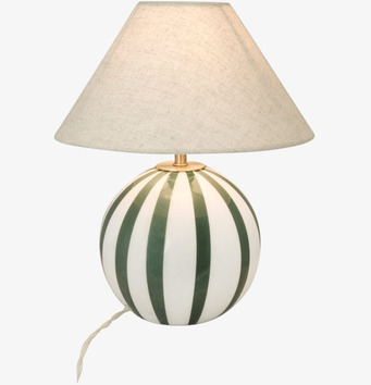 Bild av en randig lampfot i grönt och vitt med skärm