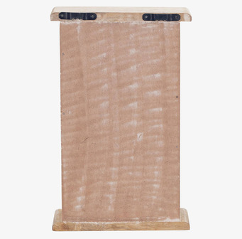 Bild av baksidan på rektangulärt nyckelskåp med trädetaljer