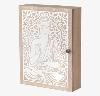 Bild av nyckelskåp i trä med buddha och mandalamotiv