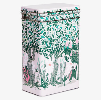 Bild på dekorativ kaffeburk med naturmotiv och muminfigurer