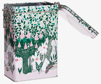 Bild på plåtburk med Muminmotiv och illustrerat lövverk