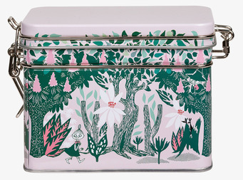 Bild av rektangulär plåtburk med sagolikt naturmotiv