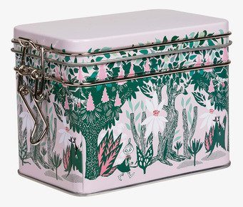 Bild på fantasifull plåtburk med muminmotiv och vårkastanj