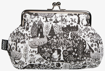 Bild på svartvit börs med Muminmotiv och parkillustration