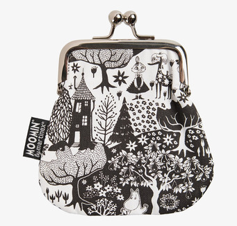 Bild på fantasifull svartvit börs med muminmotiv och klickspänne