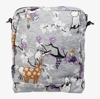Bild på axelväska med muminmotiv och blommor i ljusgrått