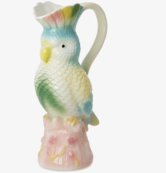Bild av kanna i pastell med kakaduamotiv och blommor