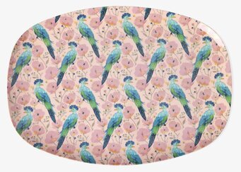 Bild på färgglad tallrik med exotiska fåglar och blommor