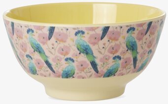 Bild av dekorativ skål med tropiska fåglar och blommigt motiv