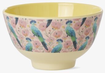 Bild på liten skål med exotiska fåglar och blommor i pastell