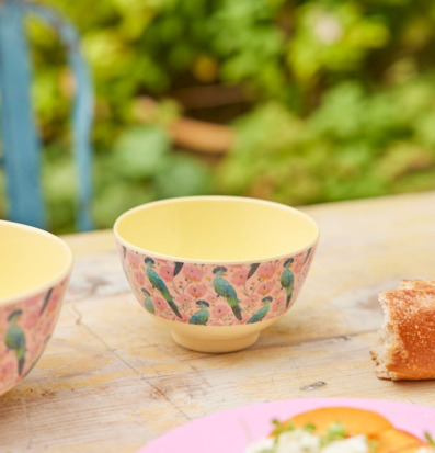 Bild av somrig utomhusdukning med färgglad liten skål