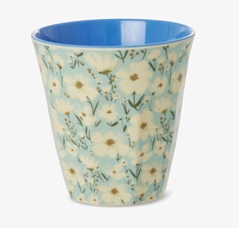 Bild av melaminmugg med blommönster och blå insida