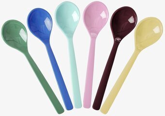 Bild på sex färgglada melamin teskedar mot vit bakgrund
