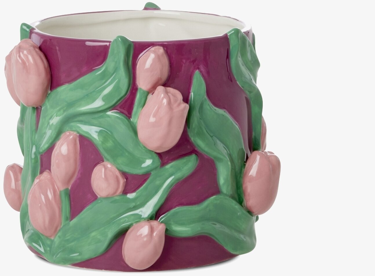 Bild av lila blomkruka med tulpanmotiv och grön dekor