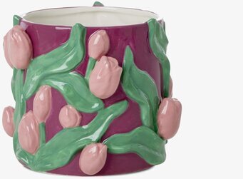 Bild av lila blomkruka med tulpanmotiv och grön dekor