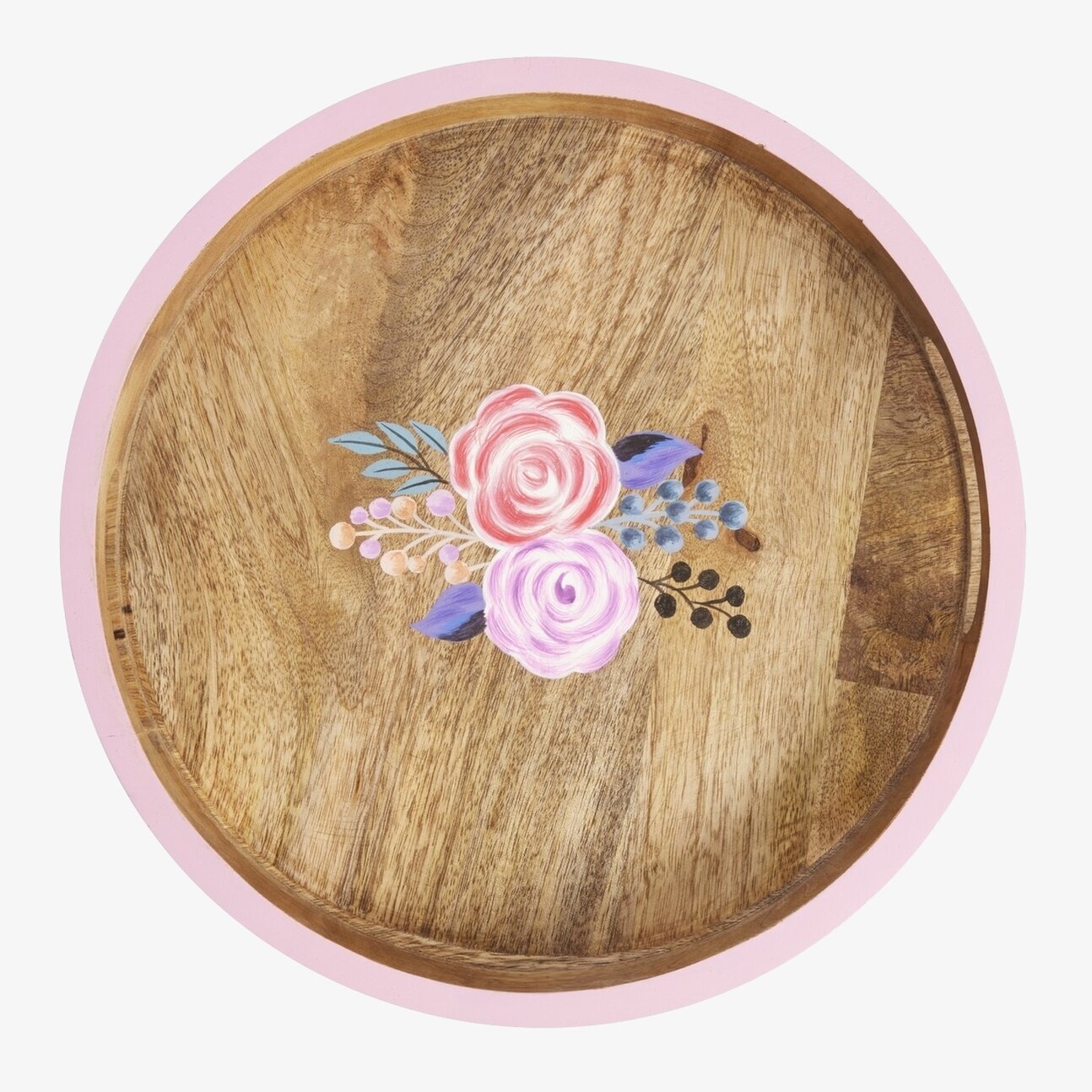 Bild av rund träbricka med handmålade blommor och rosa kant