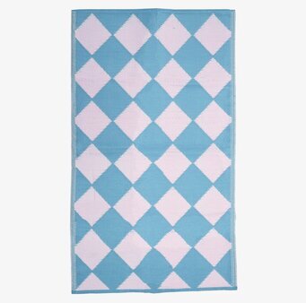 Bild av rektangulär matta med blått och rosa harlequinmönster