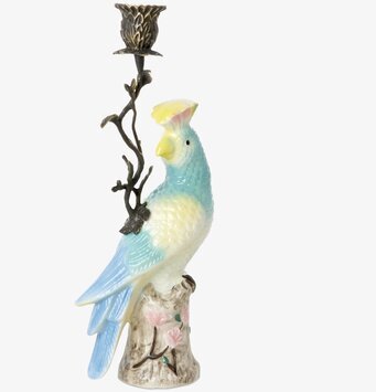 Bild på unik ljusstake med exotisk fågel och blommor