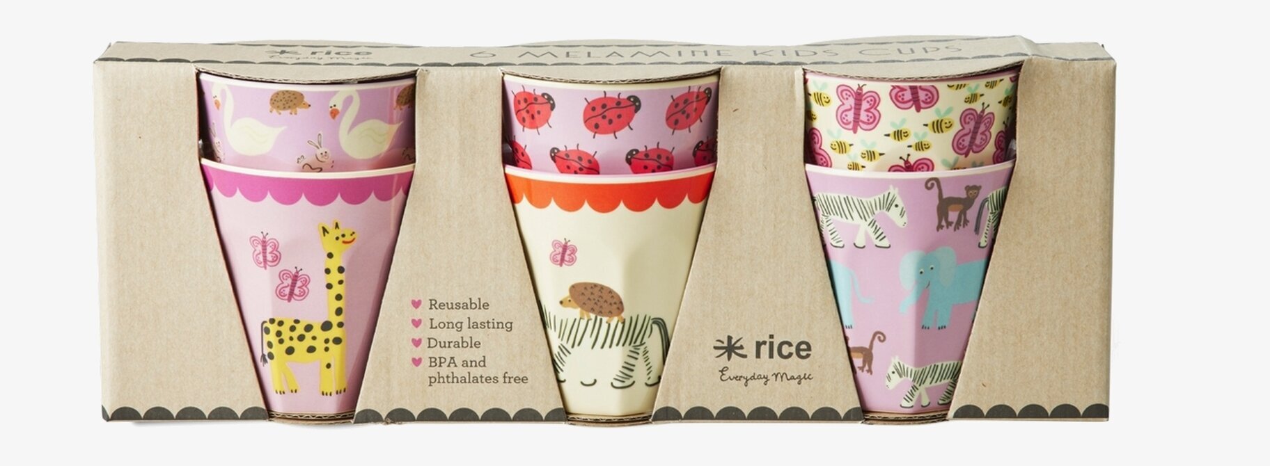 Små Muggar 6-pack Wildlife Print Pink Rice Melaminmuggar Lattemuggar i melamin Melaminkoppar