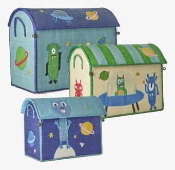 Bild på fantasifulla förvaringshus med monster och rymdmotiv