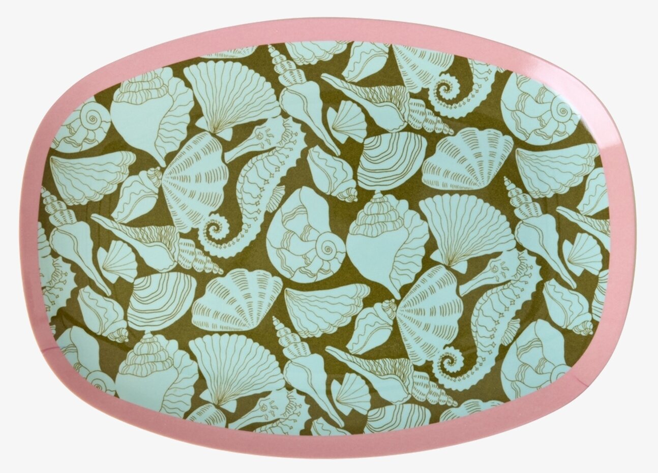 Bild av rektangulär tallrik med snäckor och sjöhästar