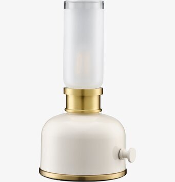 Bild av beige bordslampa med mässing och frostat glas