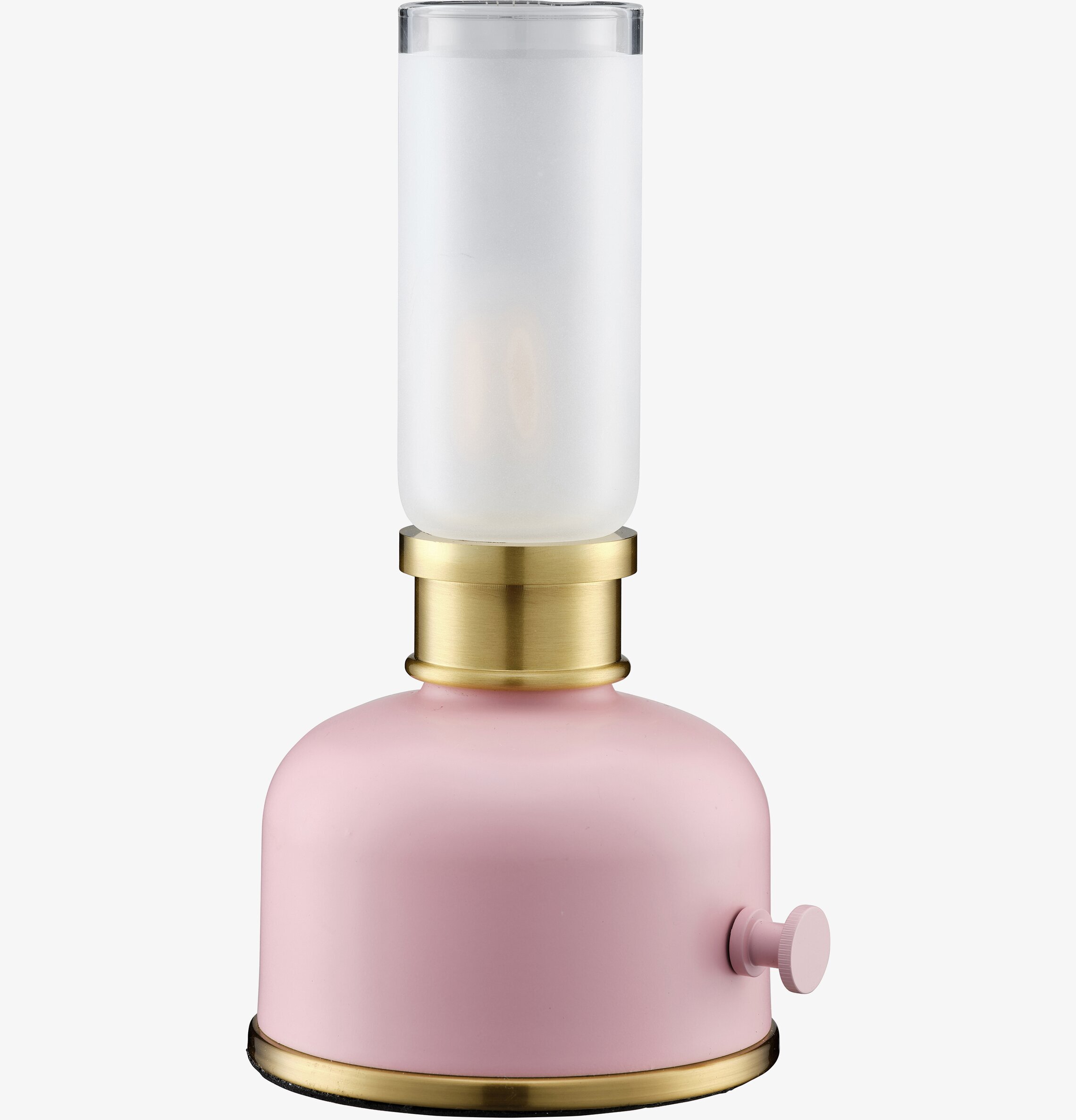 Bild av bordslampa i rosa och mässing med glasdetaljer