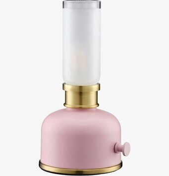 Bild av bordslampa i rosa och mässing med glasdetaljer