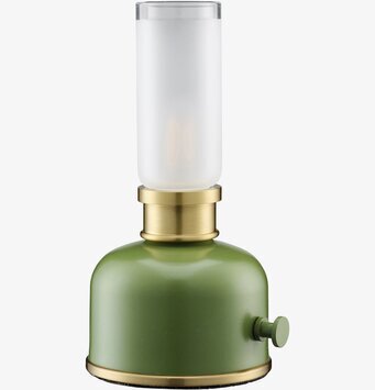 Bild av bordslampa i grönt och mässing med frostat glas