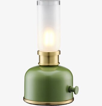 Bild på bordslampa i grönt och mässing med glasdetaljer