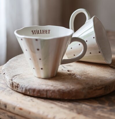 Bild av keramikkoppar på rustikt trä i mjukt dagsljus