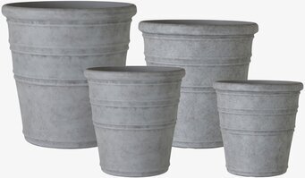 Bild på fyra ljusgrå krukor i set med marmorerad yta