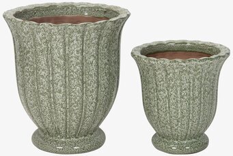 Bild på två glaserade gröna blomkrukor med spräckligt mönster
