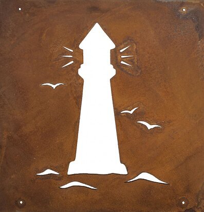 Bild av dekorativ fyrtornsskylt i rostig metall med vågor