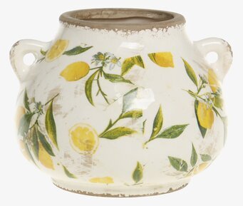 Bild på handmålad keramikkruka med citronmotiv och patina