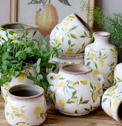 Bild av keramikstilleben med citronmotiv och gröna växter