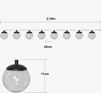 Bild på solcellsslinga med sju globlampor och tydliga mått