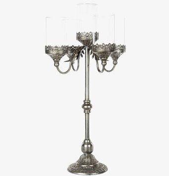 Bild på femarmad kandelaber i antik silver med blockljus