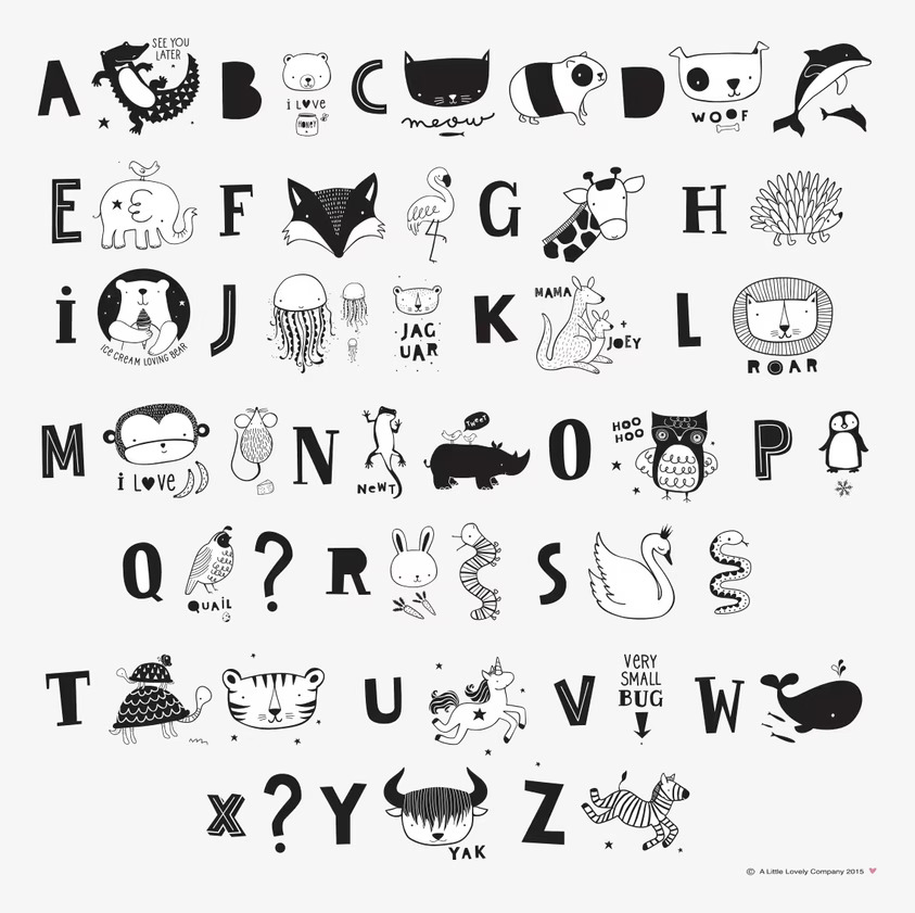 Letter Set ABC Black från A Little Lovely Company med djur