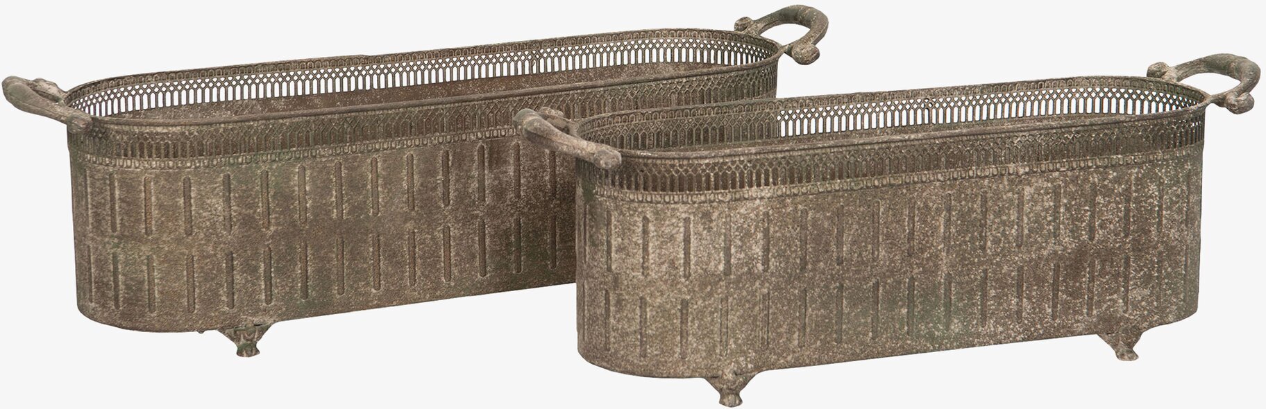 Bild på två rektangulära metallkrukor med rustik patina