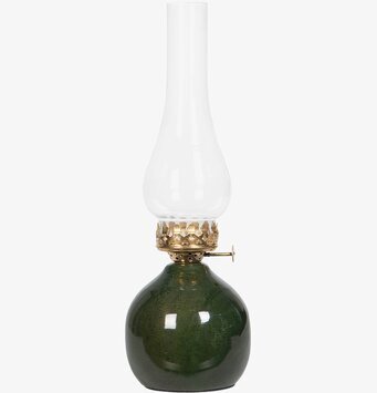 Bild på reservglas till oljelampa med grön fot och mässing